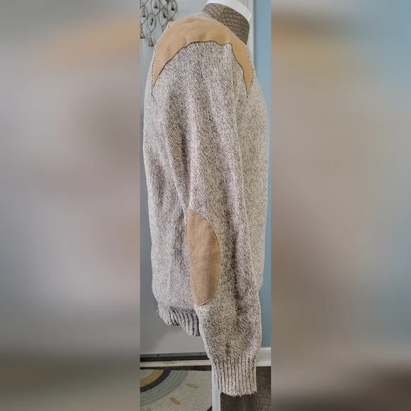 Vintg Early 80s Sweater Mens L Oatmeal Tan w/ Leather Patches Wool Blend US Made - Picture 4 of 11